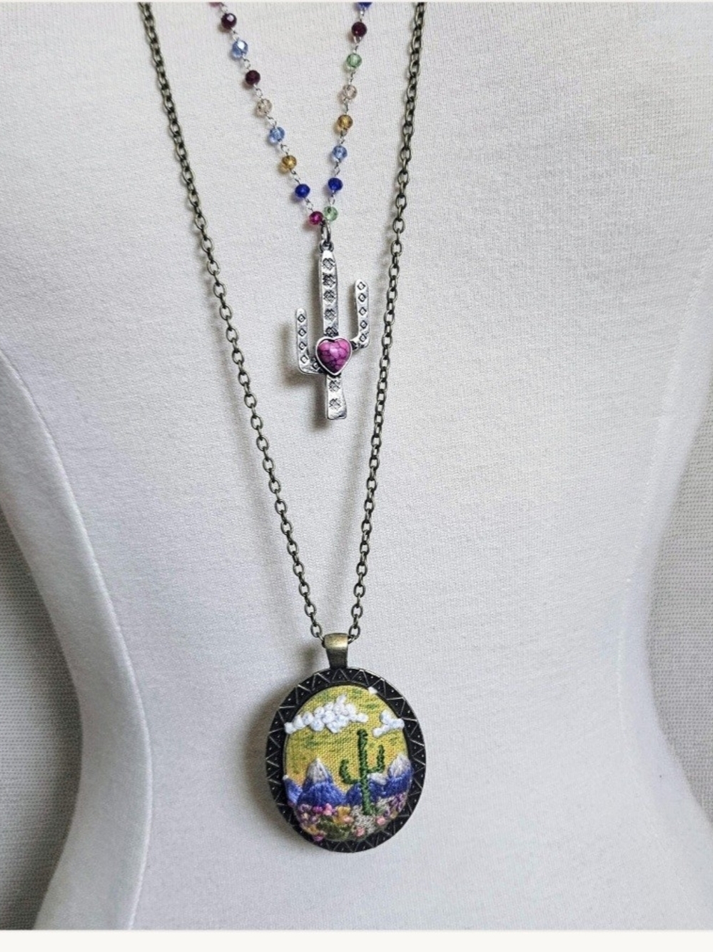 Western Boho Pink Heart Cactus Pendant Necklace - Women Jewelry